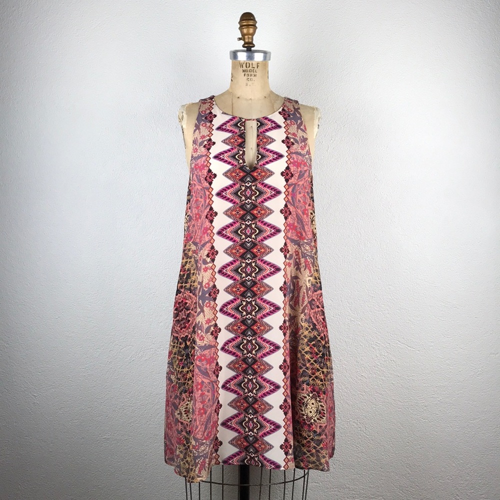 Lavender Brown l M Silk Tribal Bohemian Boho Festival Keyhole A-line Shift Dress